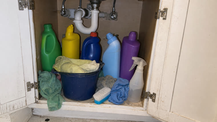 Un armario abierto bajo el lavabo atestado de botellas de limpiadores, cepillos y trapos