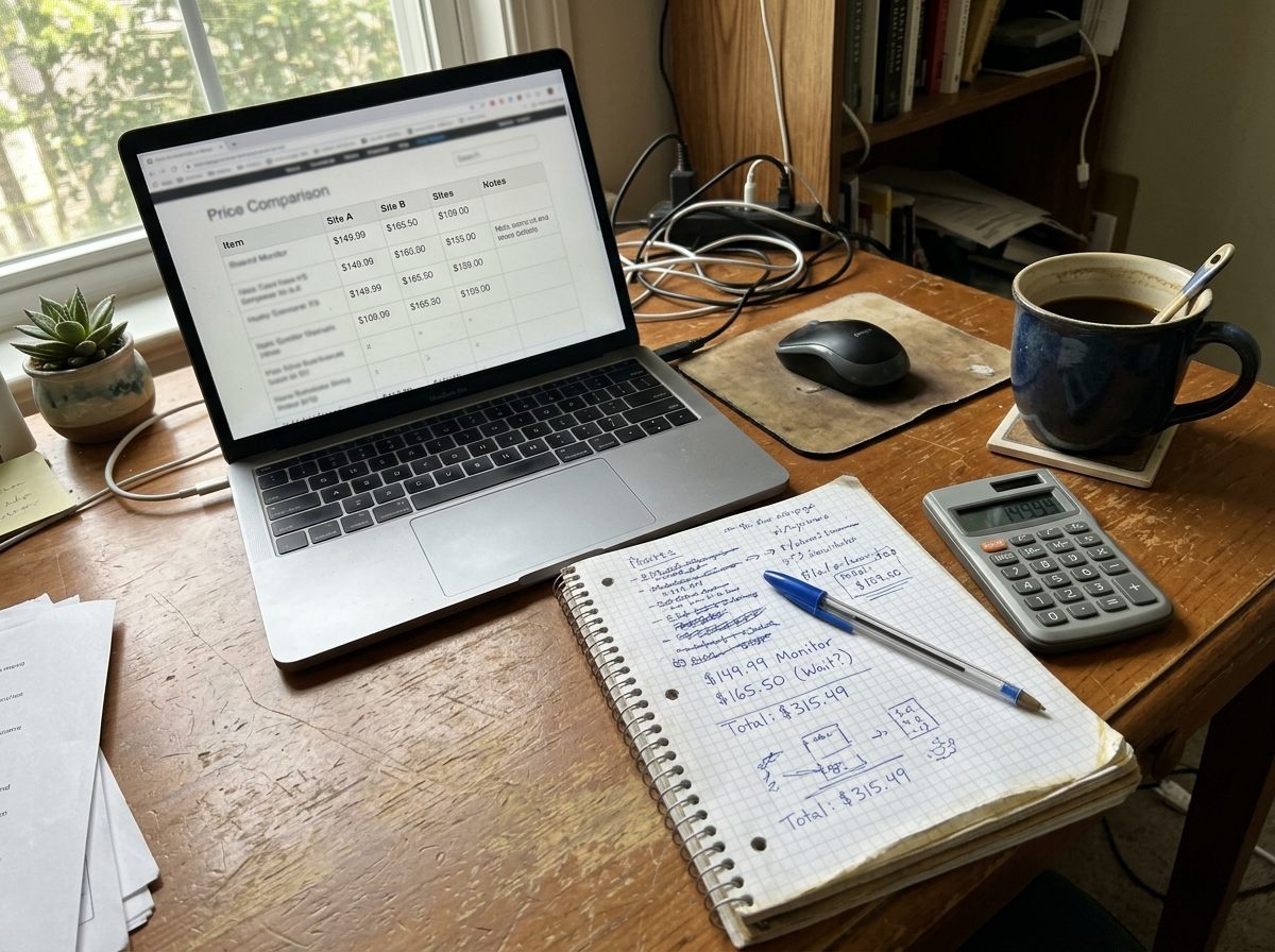 A home workspace with a laptop comparing prices, a notebook of deal notes, and a coffee mug