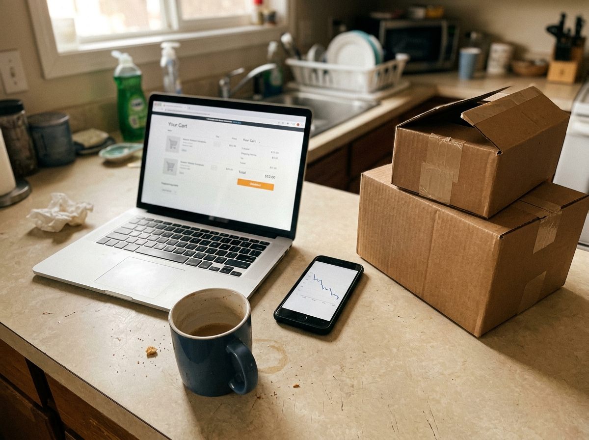 A laptop showing an online shopping cart next to a phone and a couple of delivery boxes on a kitchen table