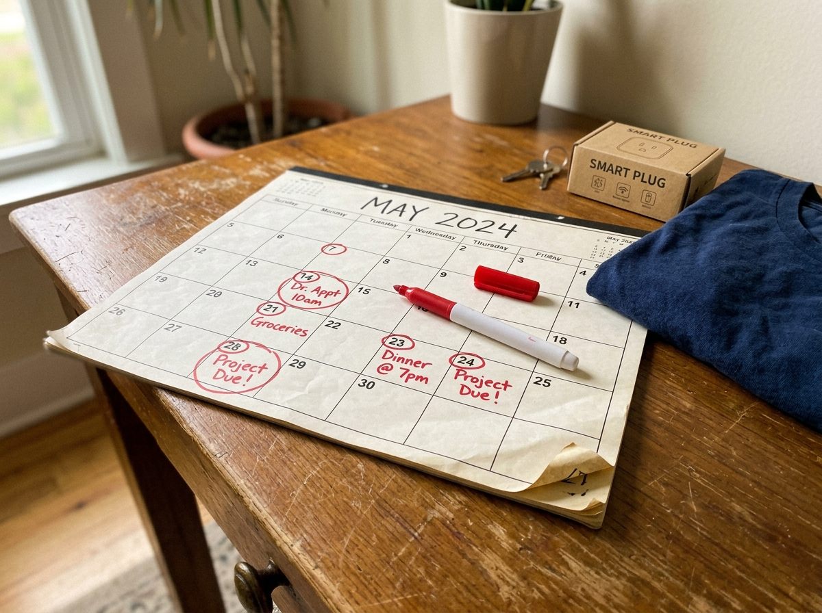 A wall calendar with several dates circled in red marker beside a pen and a few shopping items on a desk