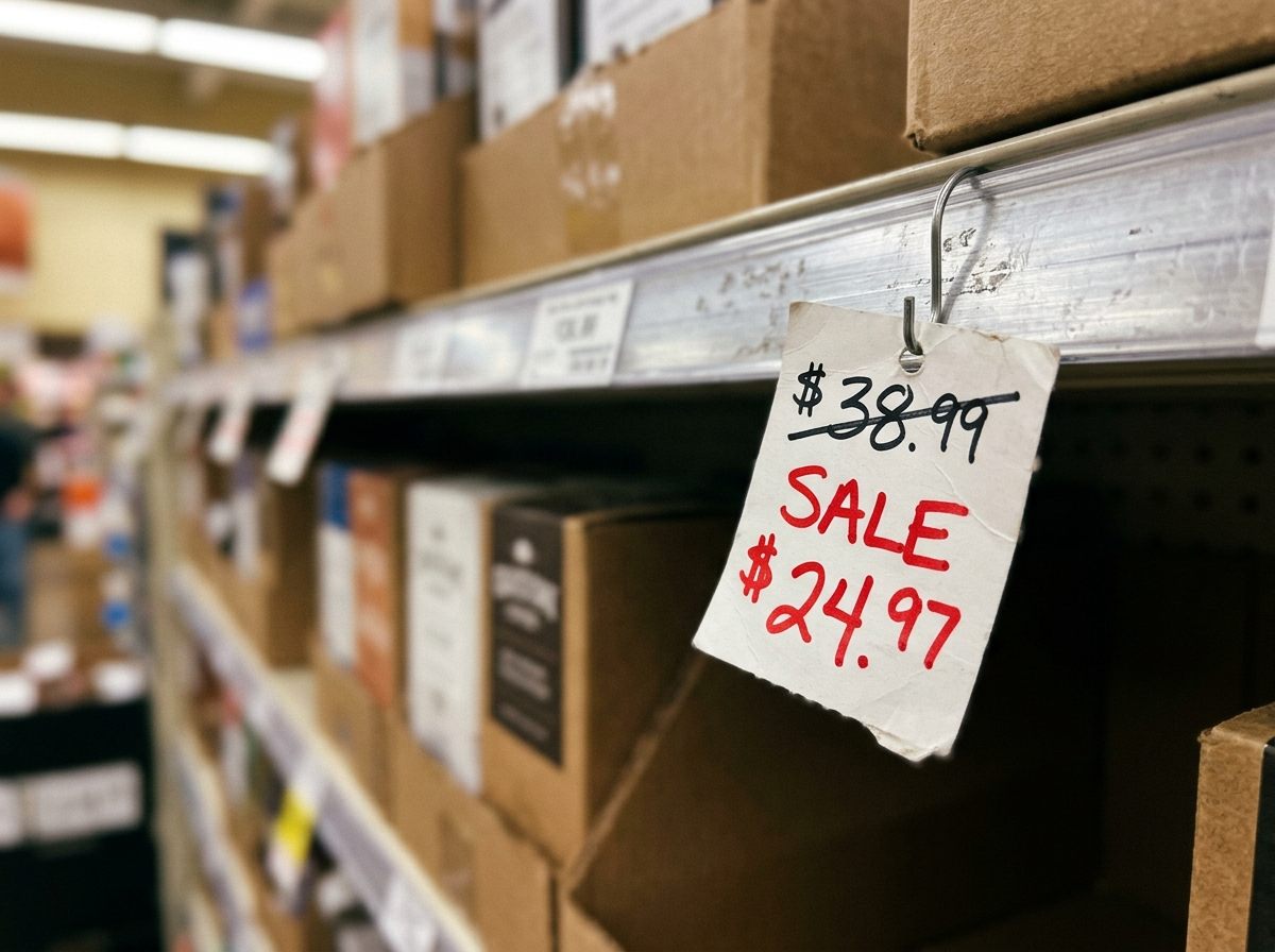 A close-up of a paper price tag with a crossed-out original price and a red sale price on a store shelf