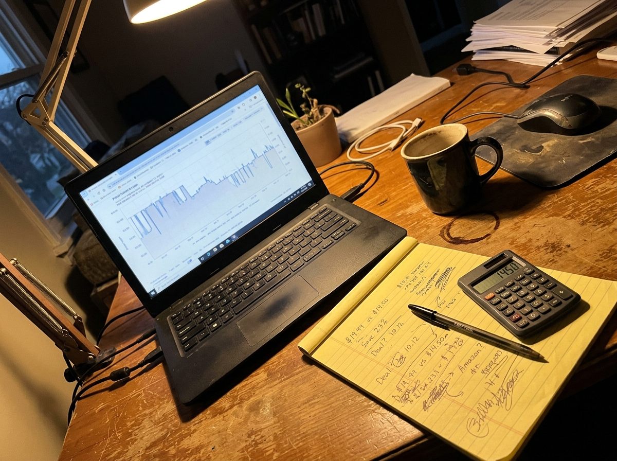 A desk with a laptop showing a price-history chart, a notepad with handwritten price comparisons, and a coffee mug