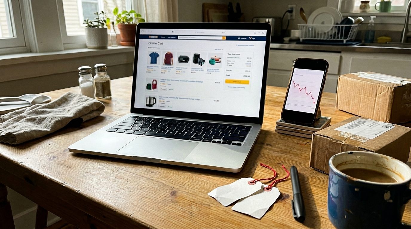 Shopping bags, a phone showing a deals app, a laptop with an online cart, and a few price tags laid out on a table