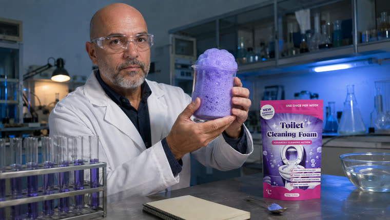 Ein Chemiker im Laborkittel hält ein Becherglas mit violettem Schaum, der über den Rand steigt, daneben der FizzClean-Beutel auf dem Labortisch