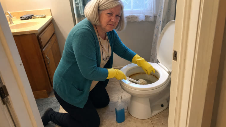 Ingrid på kne med gule hansker som skrubber en flekkete toalettskål med en børste
