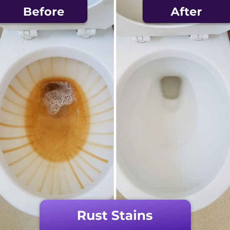 Maker's before-and-after photos of a rust-stained toilet bowl and the same bowl clean after FizzClean
