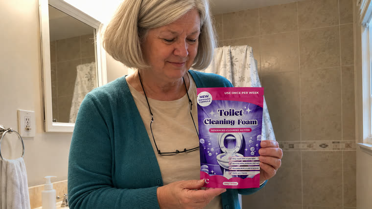 Helen holding the FizzClean pouch in her bathroom with a spotless toilet behind her