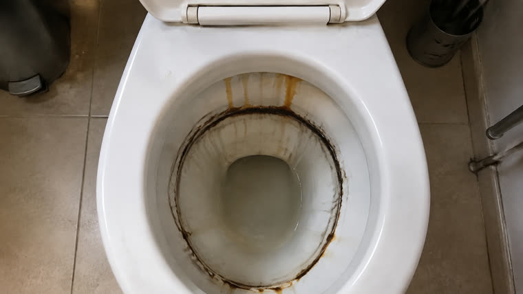 My toilet bowl before: a thick brown ring at the waterline with rust streaks under the rim